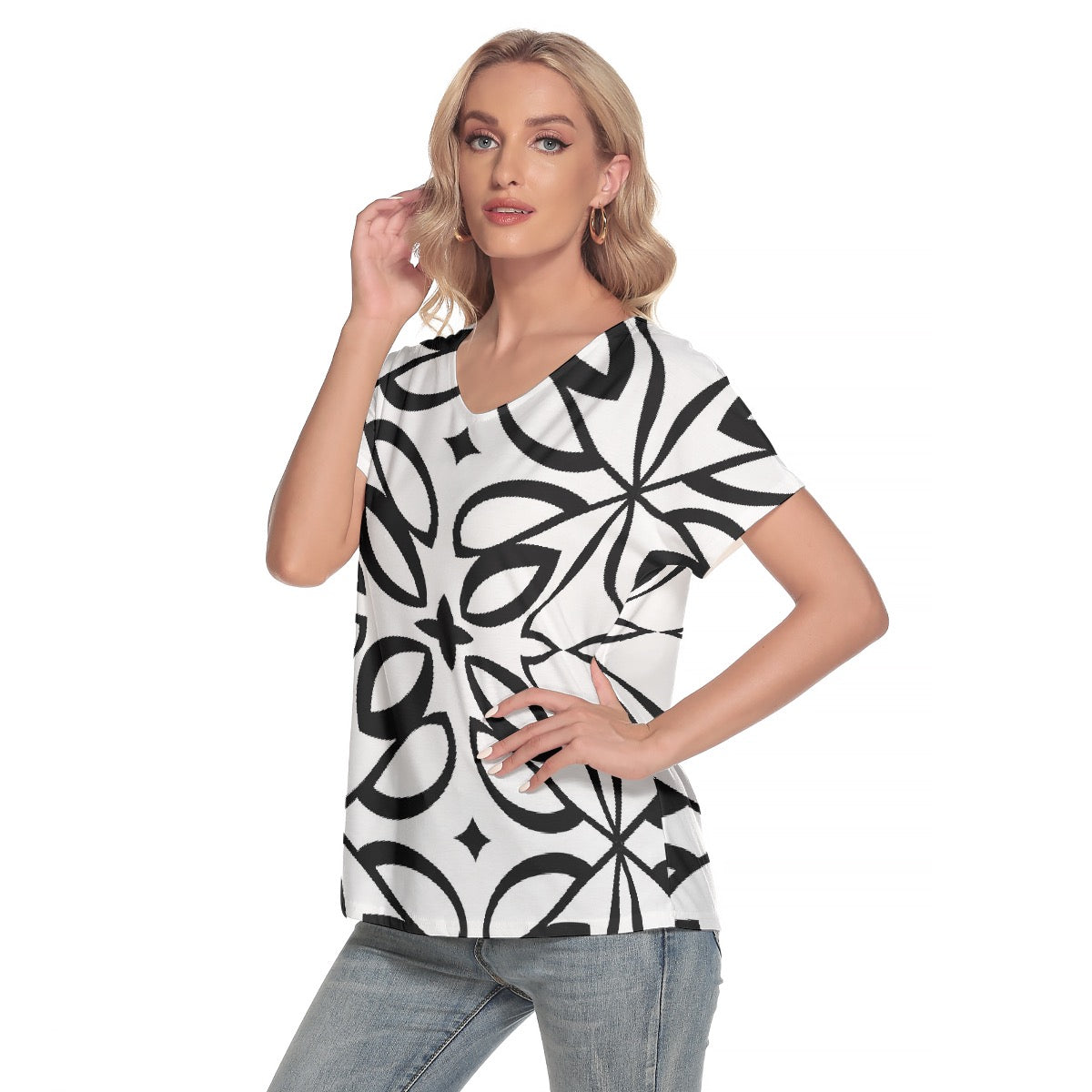 All-Over Print Women's Loose V-neck Short Sleeve T-shirt