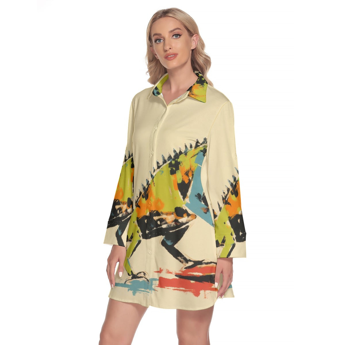 All-Over Print Women's Lapel Shirt Dress With Long Sleeve