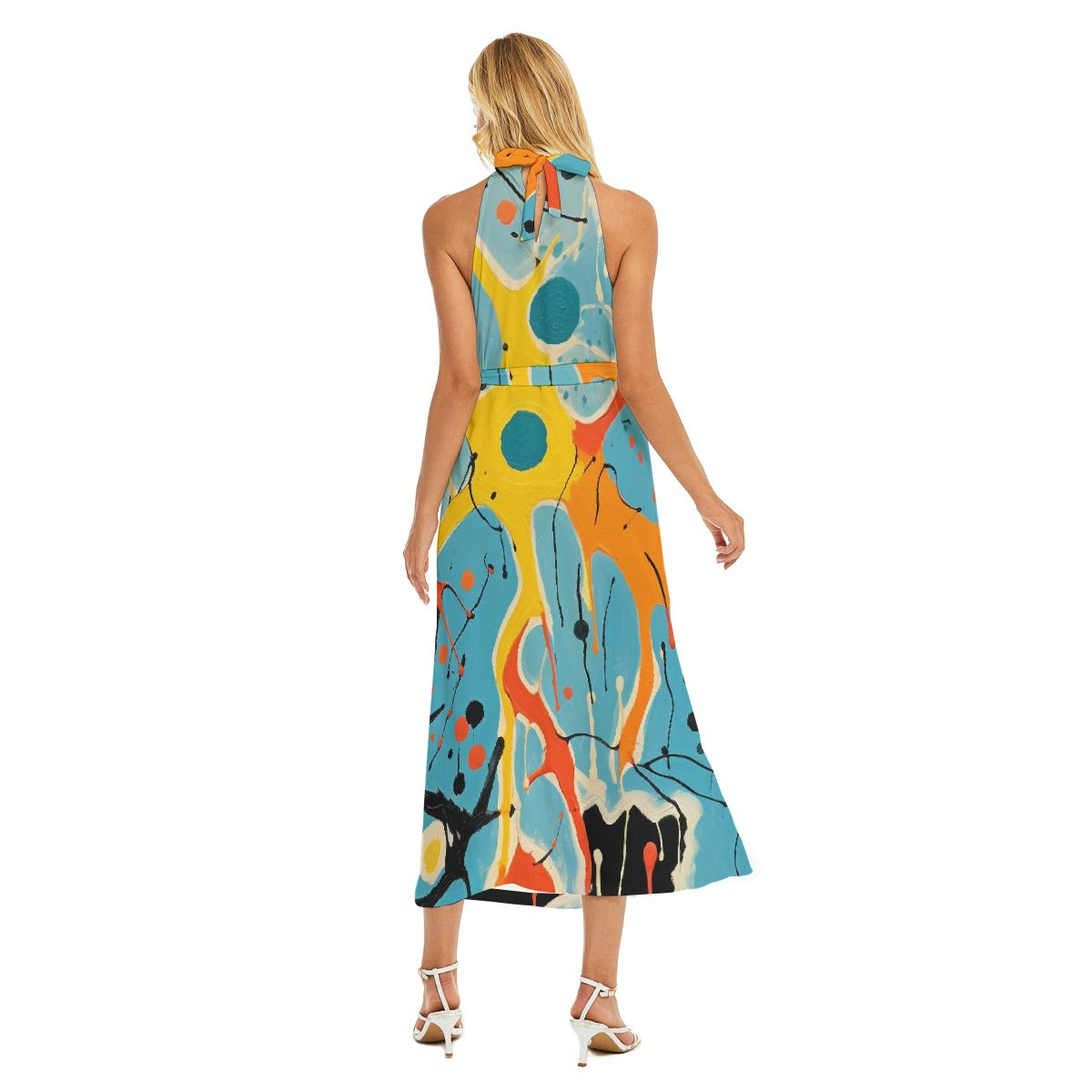 All-Over Print Women's Wrap Hem Belted Halter Dress