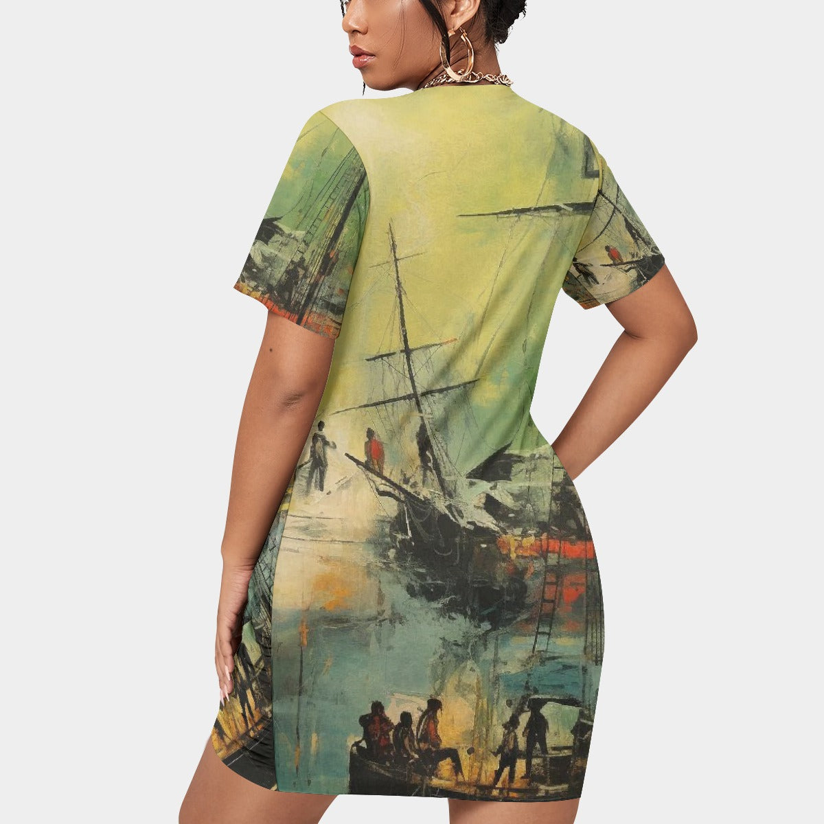 All-Over Print Women’s Stacked Hem Dress With Short Sleeve（Plus Size）