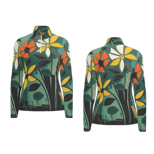 All-Over Print Women's Sports Collar Jersey With Long Sleeve