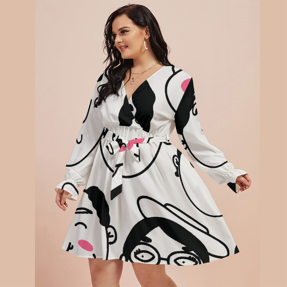 All-Over Print Women's V-neck Dress With Waistband(Plus Size)