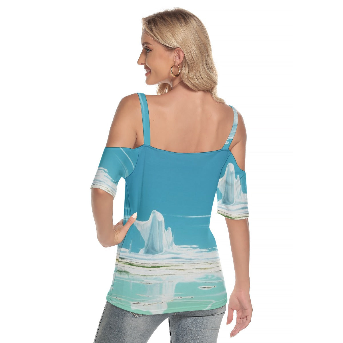 All-Over Print Women's Cold Shoulder T-shirt With Criss Cross Strips