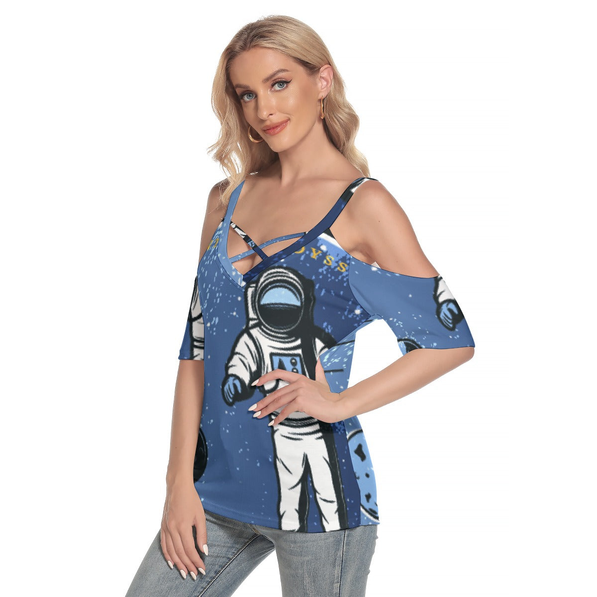 All-Over Print Women's Cold Shoulder T-shirt With Criss Cross Strips