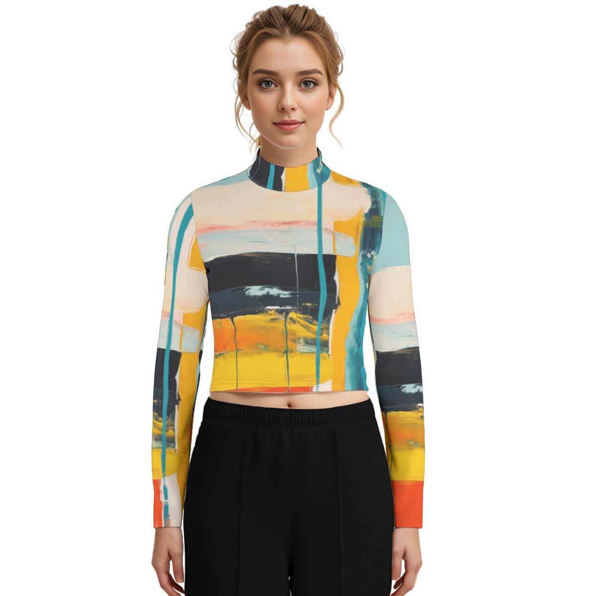 Eco-Friendly All-Over Print Women's Turtleneck T-shirt With Long Sleeve