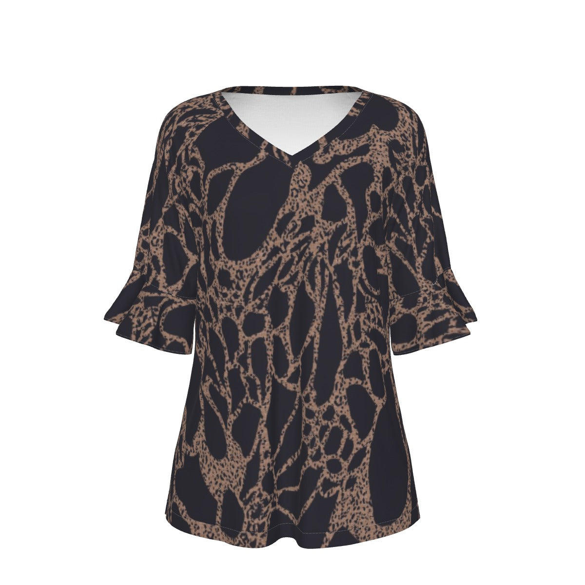 All-Over Print V-neck Women's T-shirt With Bell Sleeve