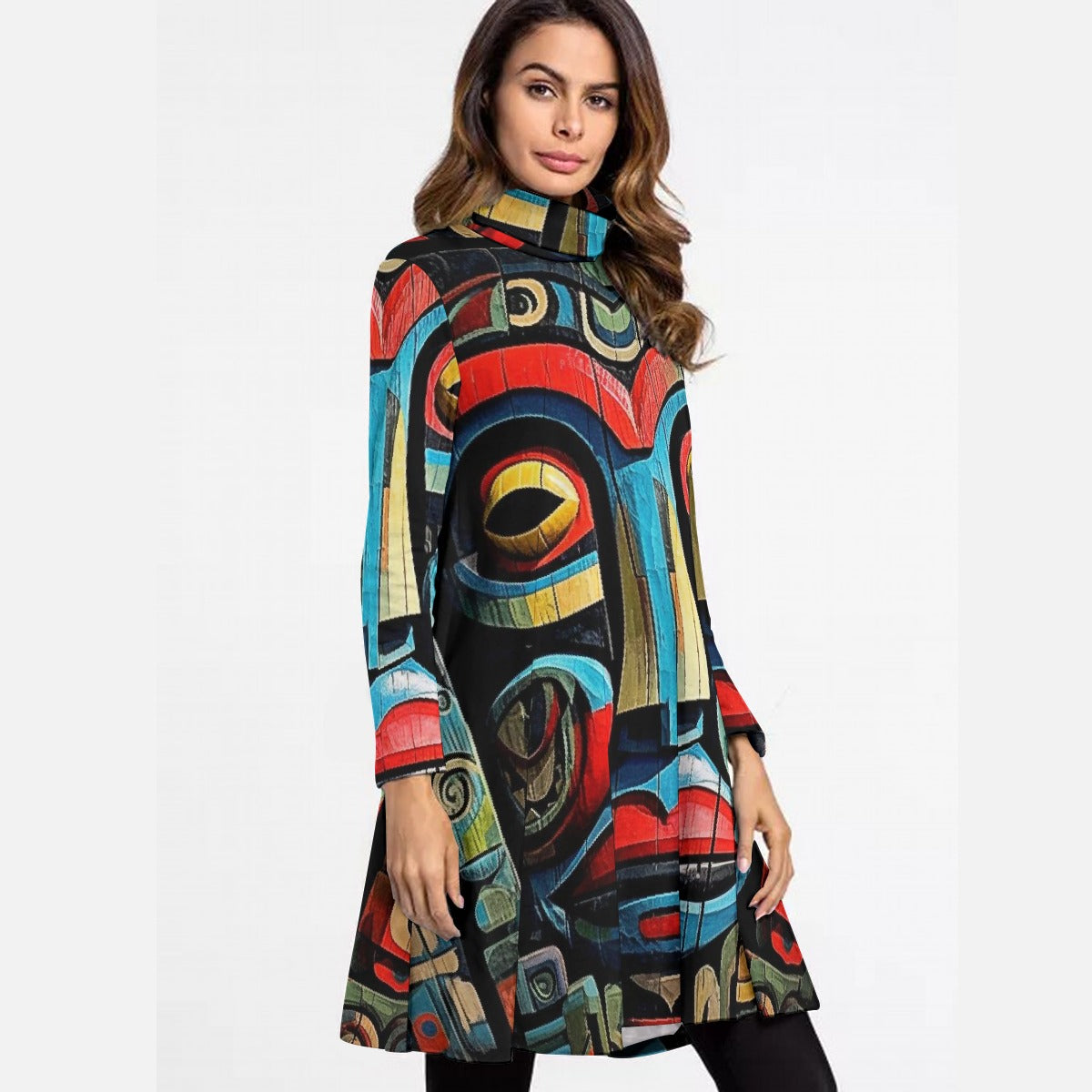 All-Over Print Women's High Neck Dress With Long Sleeve