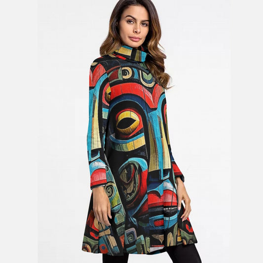 All-Over Print Women's High Neck Dress With Long Sleeve