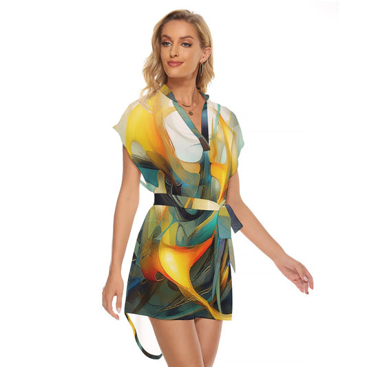 All-Over Print Women's Stand-up Collar Casual Dress With Belt