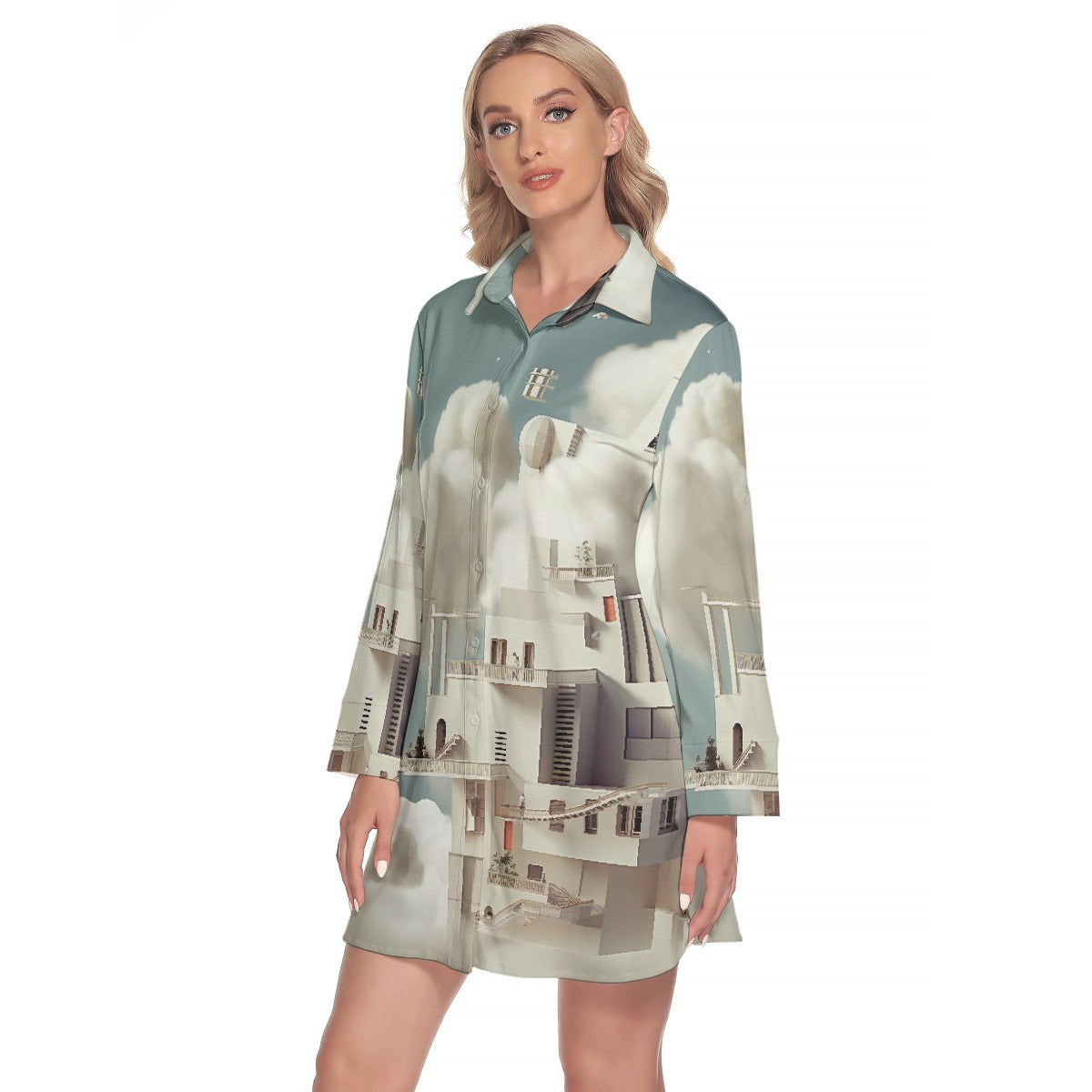 All-Over Print Women's Lapel Shirt Dress With Long Sleeve