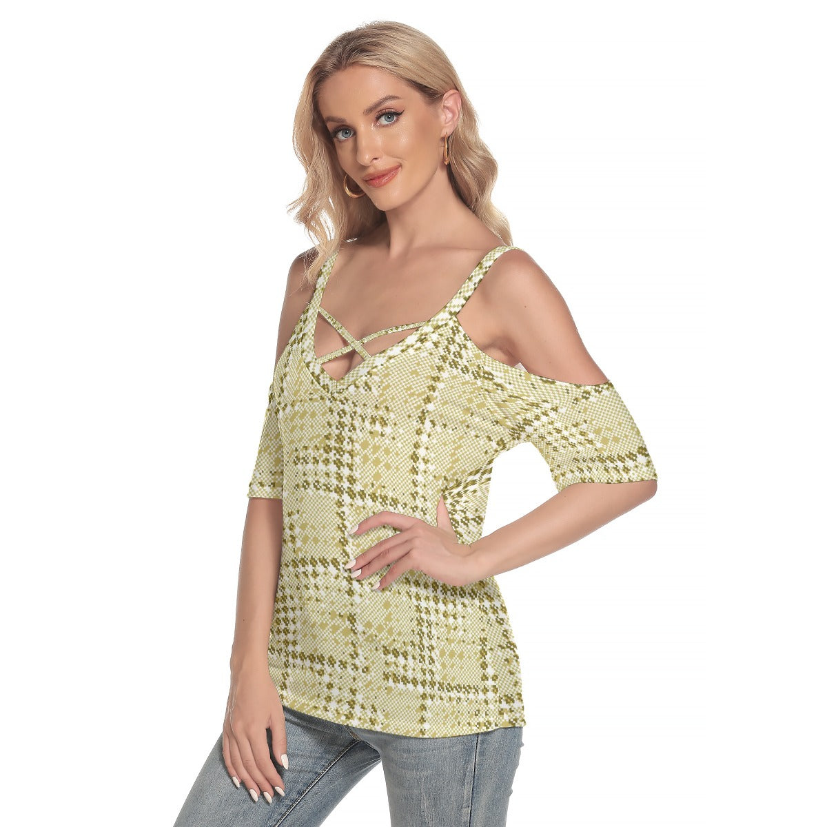 All-Over Print Women's Cold Shoulder T-shirt With Criss Cross Strips