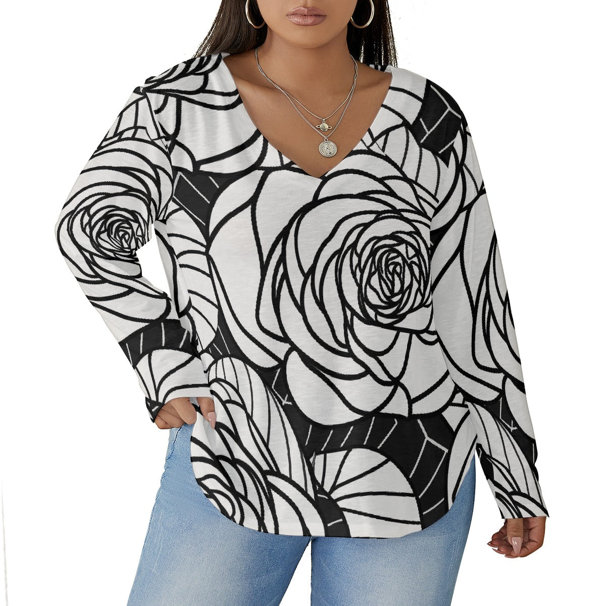 All-Over Print Women's V-neck T-shirt With Curved Hem(Plus Size)