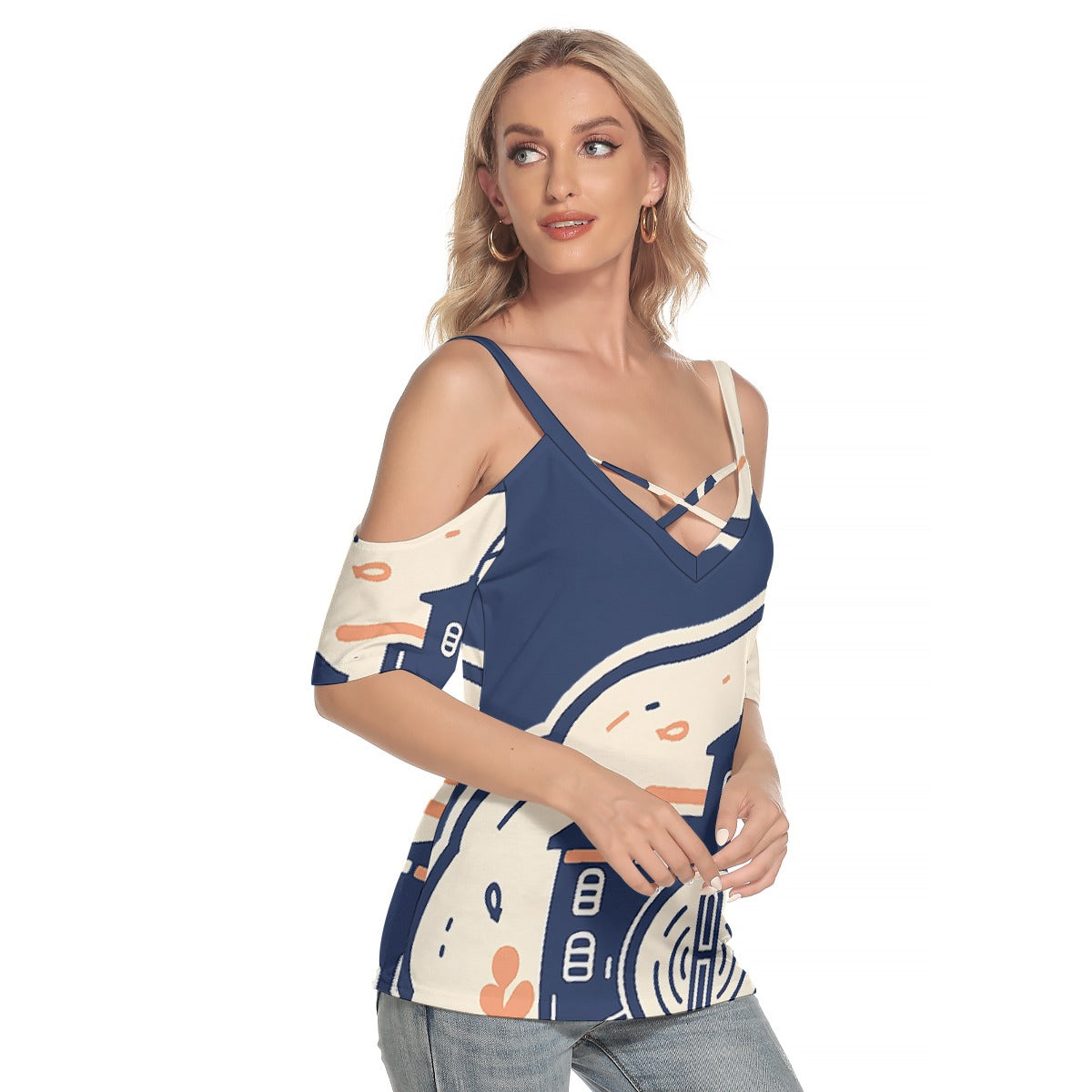 All-Over Print Women's Cold Shoulder T-shirt With Criss Cross Strips