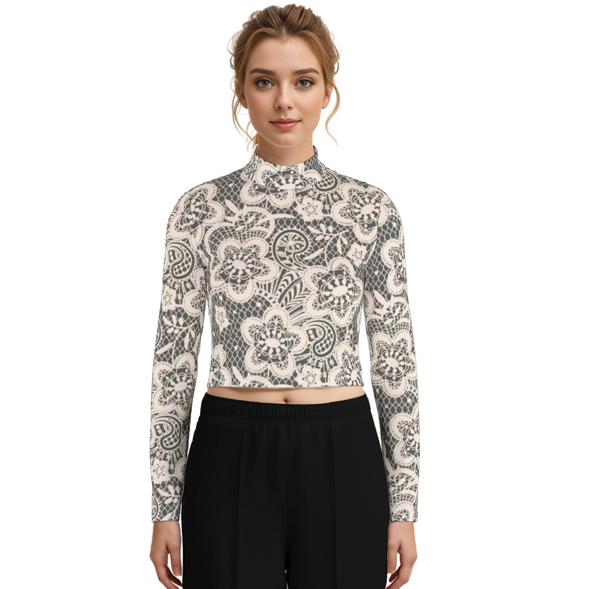 Eco-Friendly All-Over Print Women's Turtleneck T-shirt With Long Sleeve