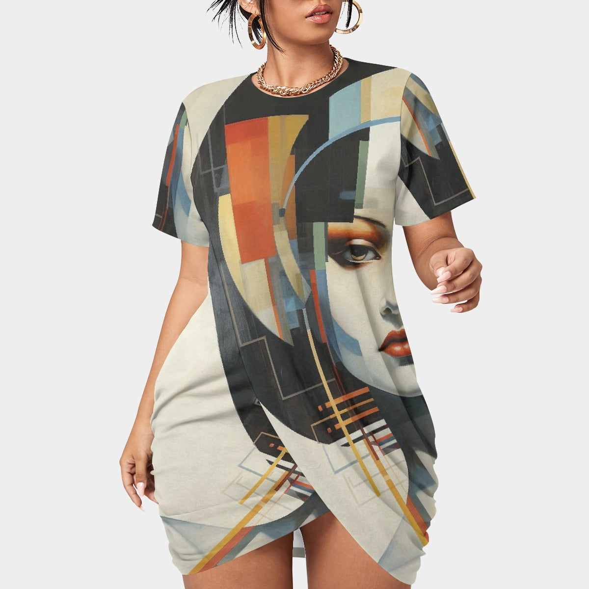 All-Over Print Women’s Stacked Hem Dress With Short Sleeve（Plus Size）