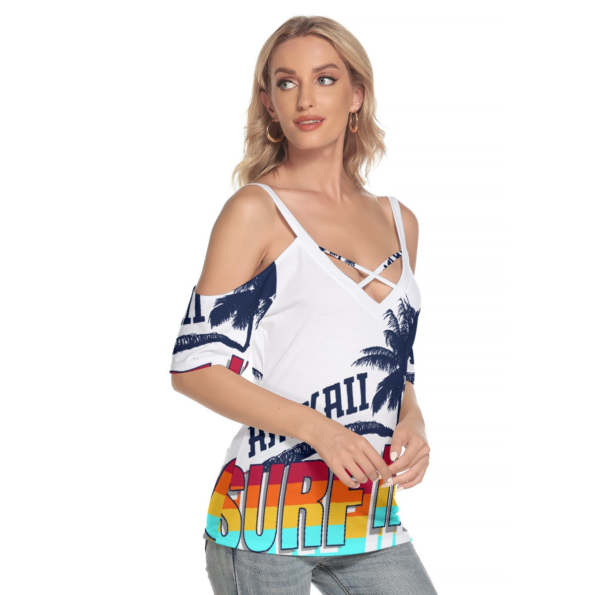 All-Over Print Women's Cold Shoulder T-shirt With Criss Cross Strips