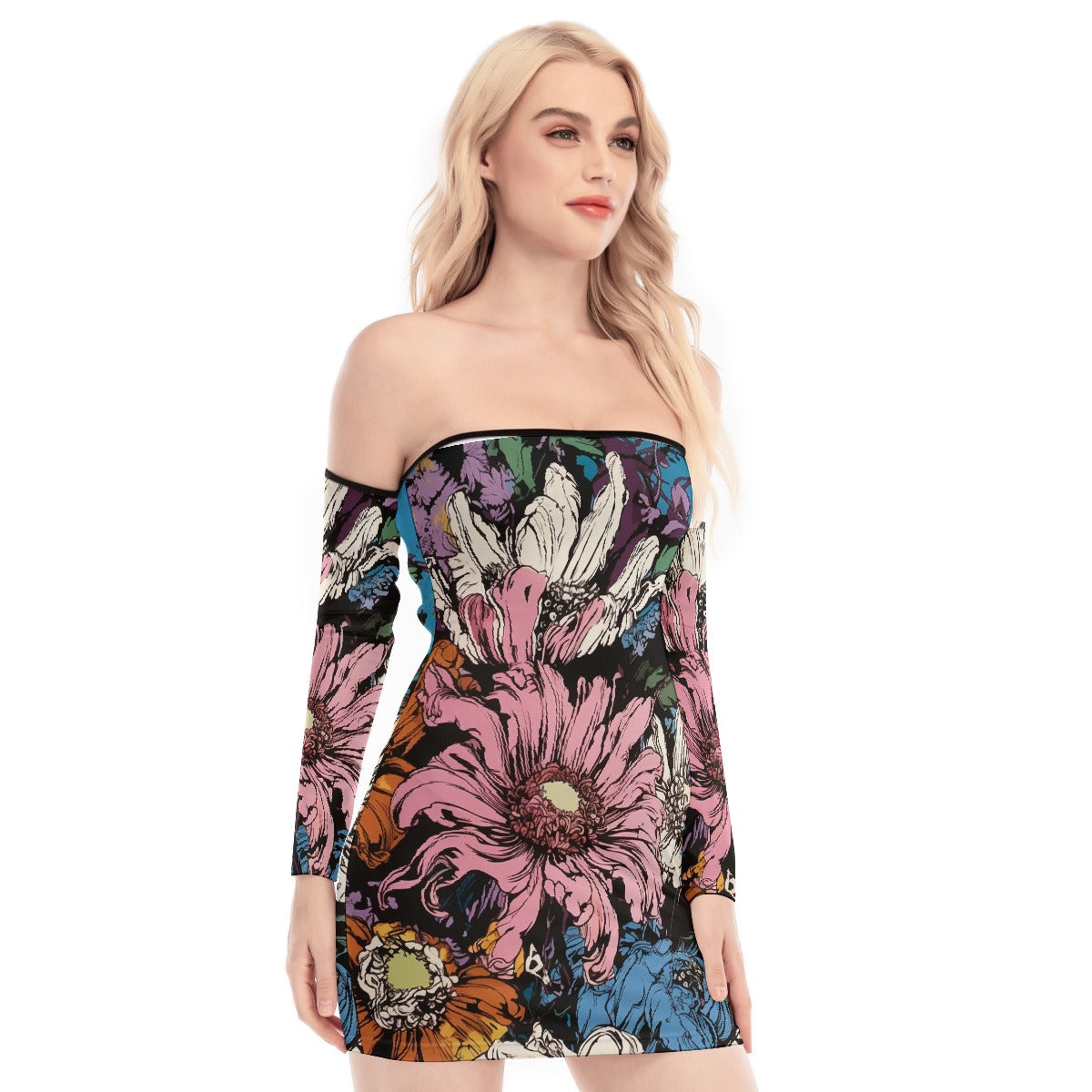 All-Over Print Women's Off-shoulder Back Lace-up Dress