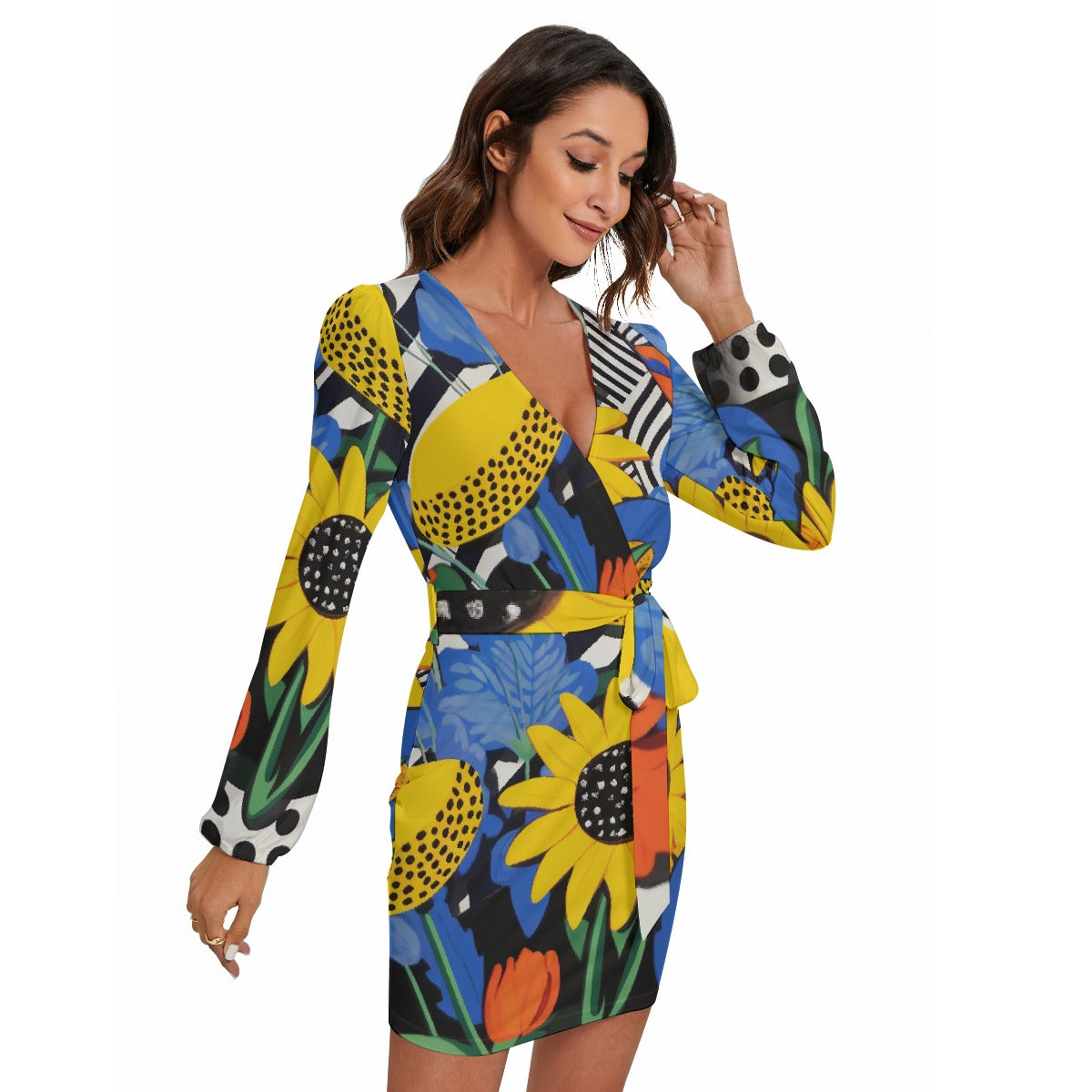 All-Over Print Women's Long Sleeve Dress With Waist Belt