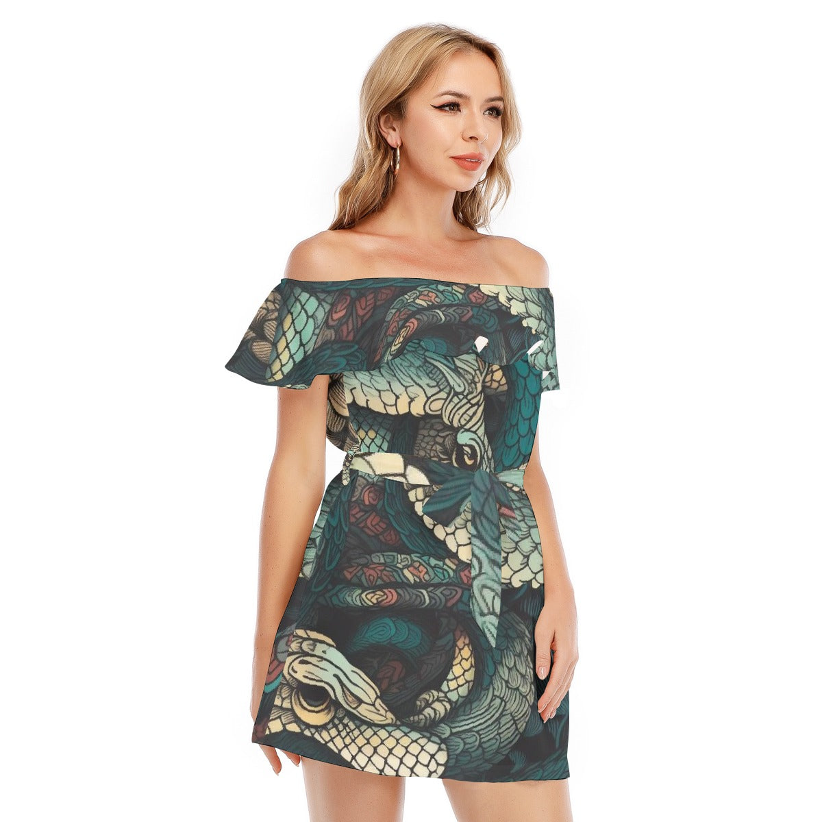 All-Over Print Women's Off-shoulder Dress With Ruffle