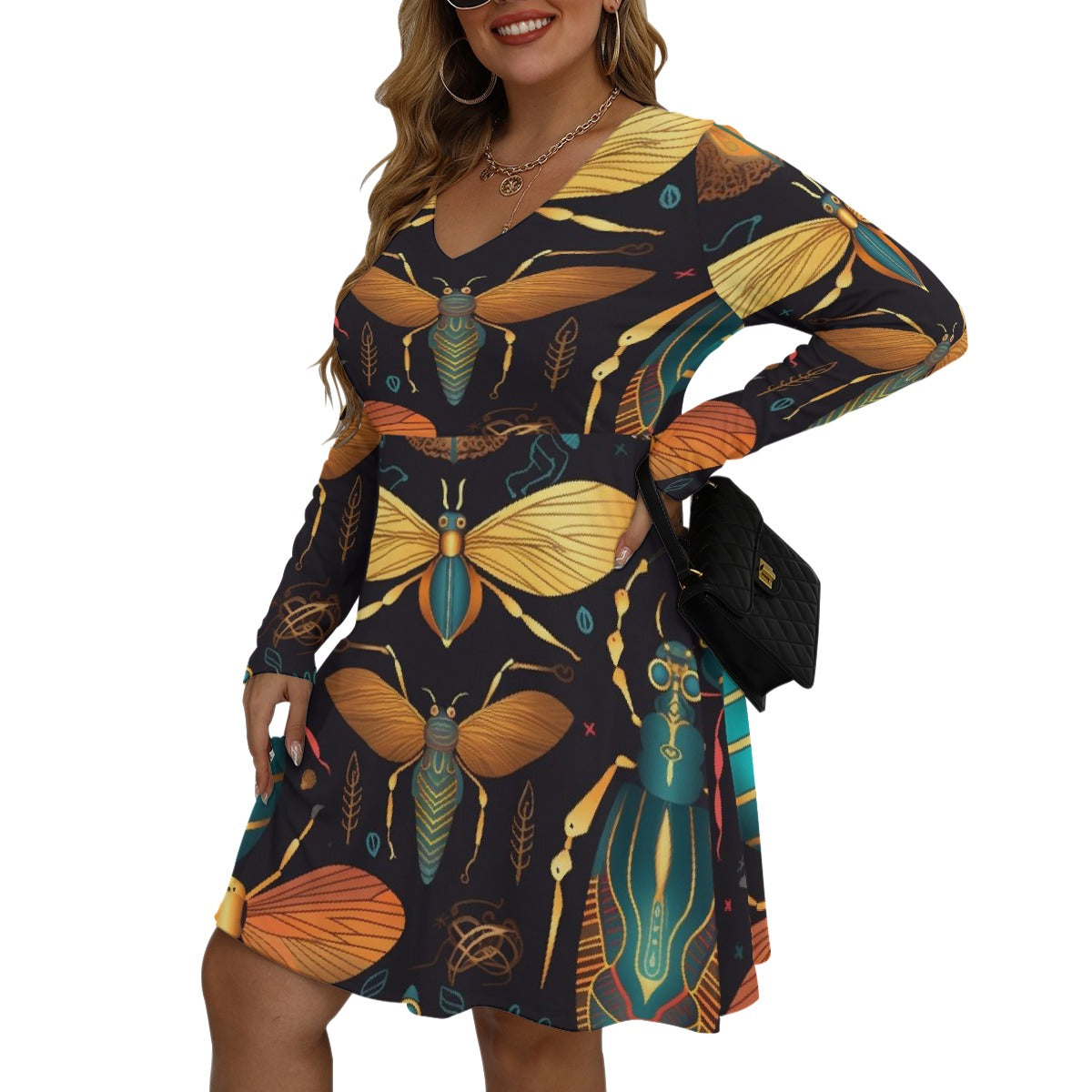 All-Over Print Women's V-neck Long Sleeve Dress(Plus Size)