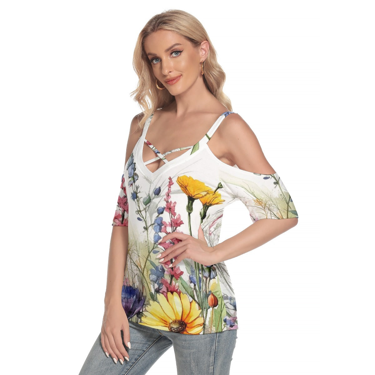 All-Over Print Women's Cold Shoulder T-shirt With Criss Cross Strips