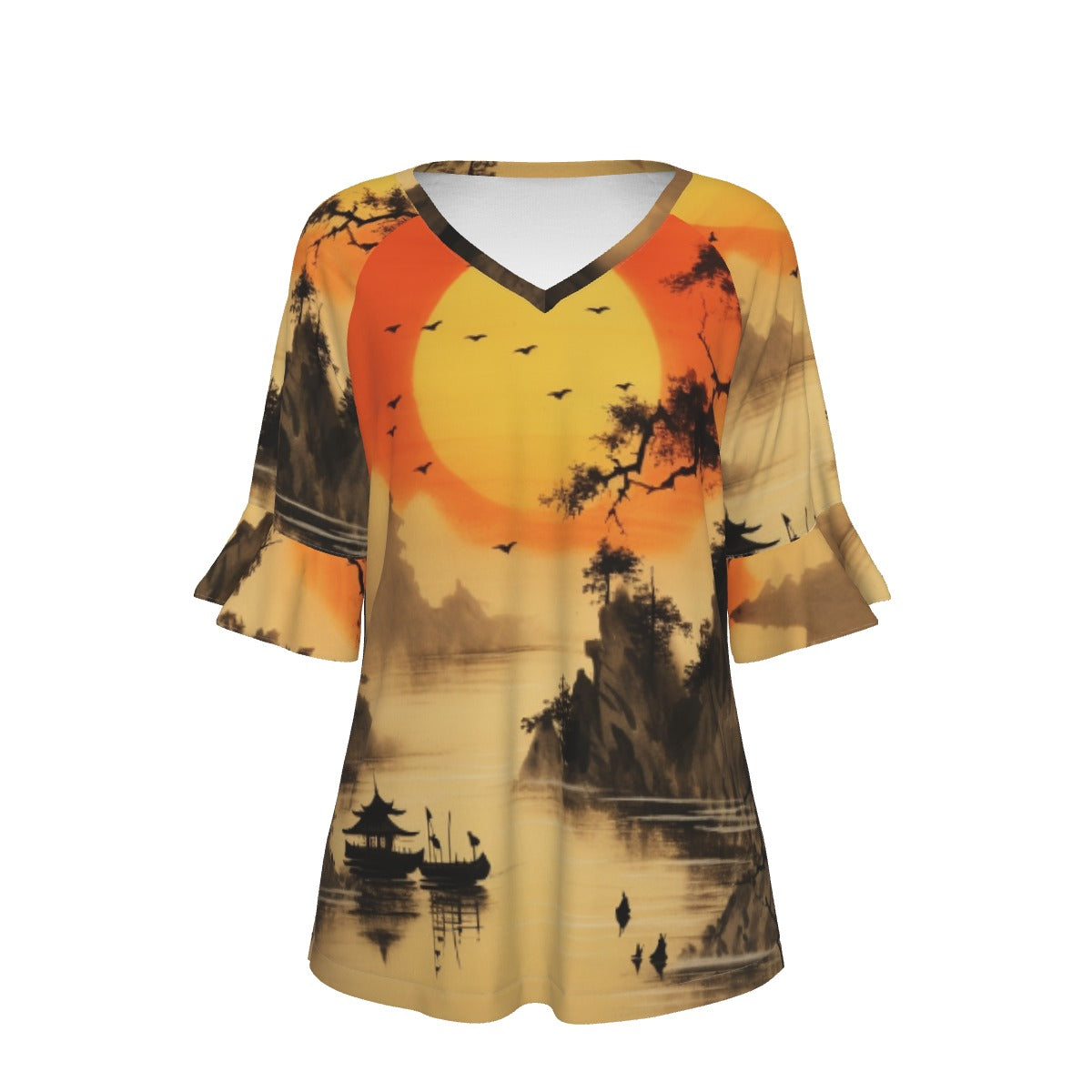 All-Over Print V-neck Women's T-shirt With Bell Sleeve