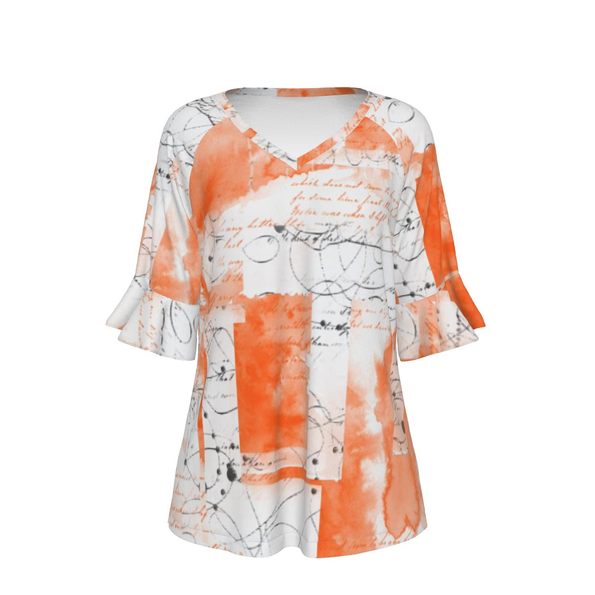 All-Over Print V-neck Women's T-shirt With Bell Sleeve