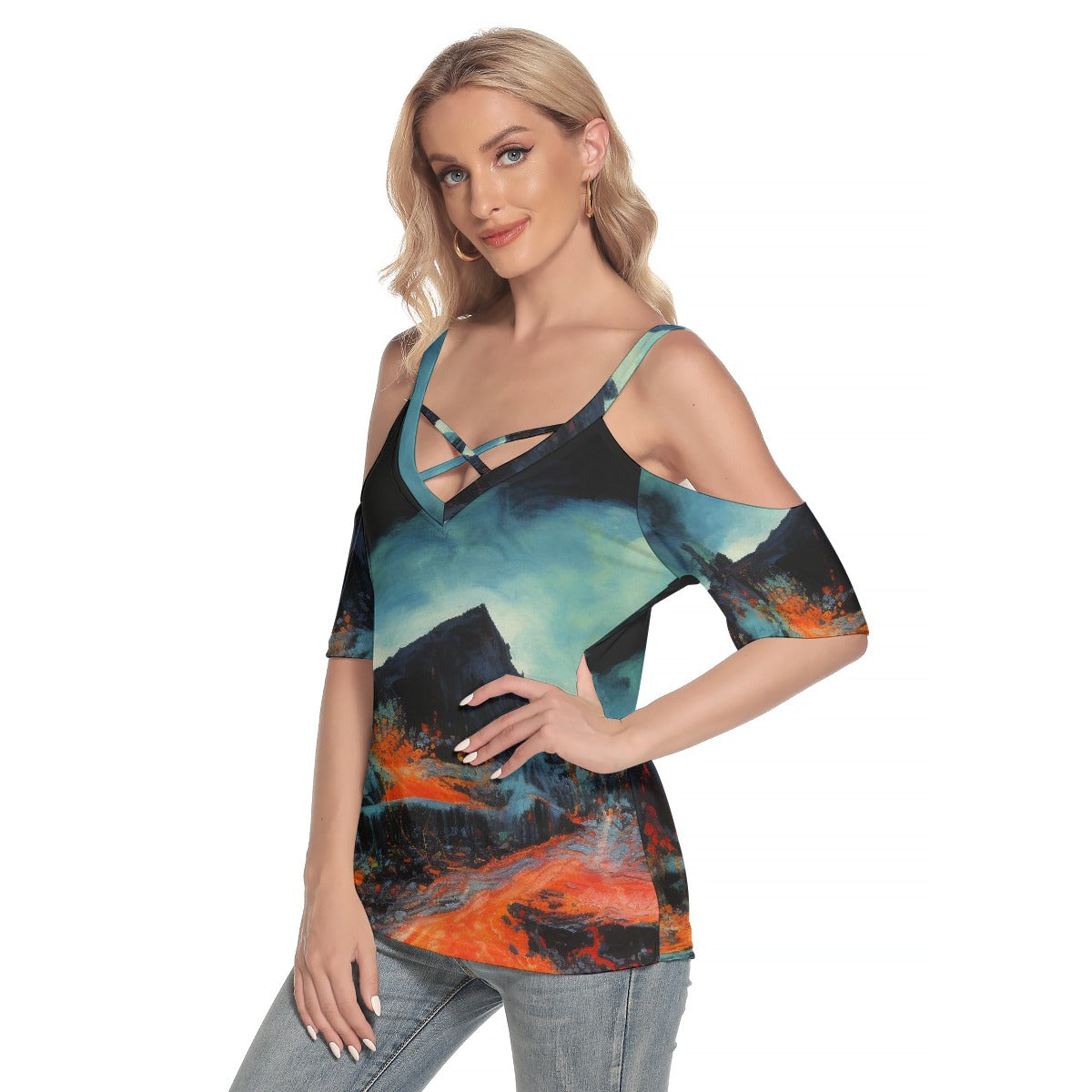 All-Over Print Women's Cold Shoulder T-shirt With Criss Cross Strips