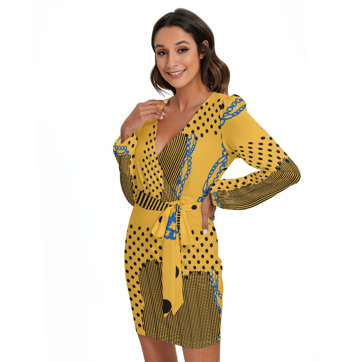 All-Over Print Women's Long Sleeve Dress With Waist Belt