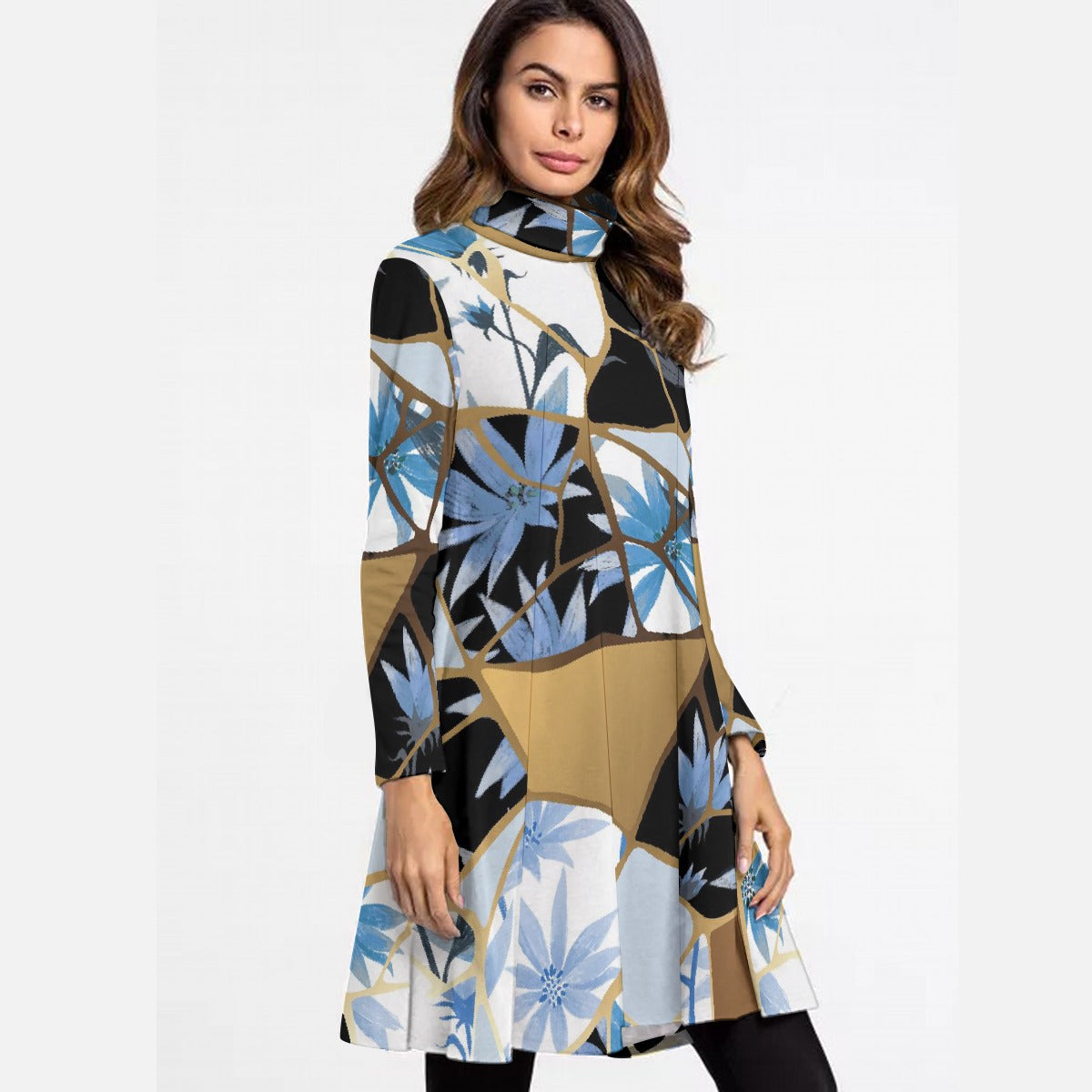 All-Over Print Women's High Neck Dress With Long Sleeve