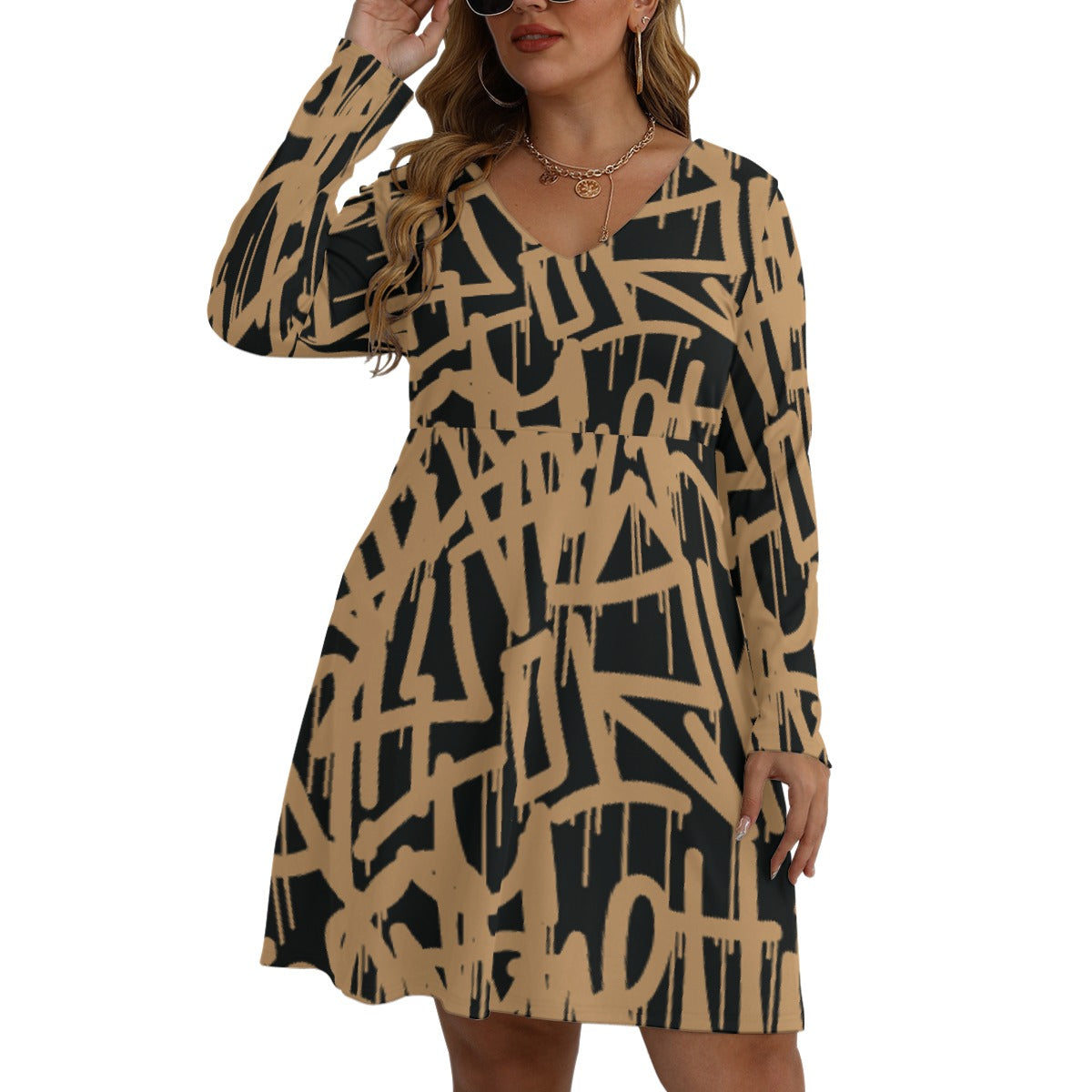 All-Over Print Women's V-neck Long Sleeve Dress(Plus Size)