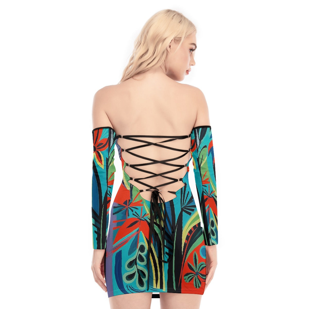 All-Over Print Women's Off-shoulder Back Lace-up Dress