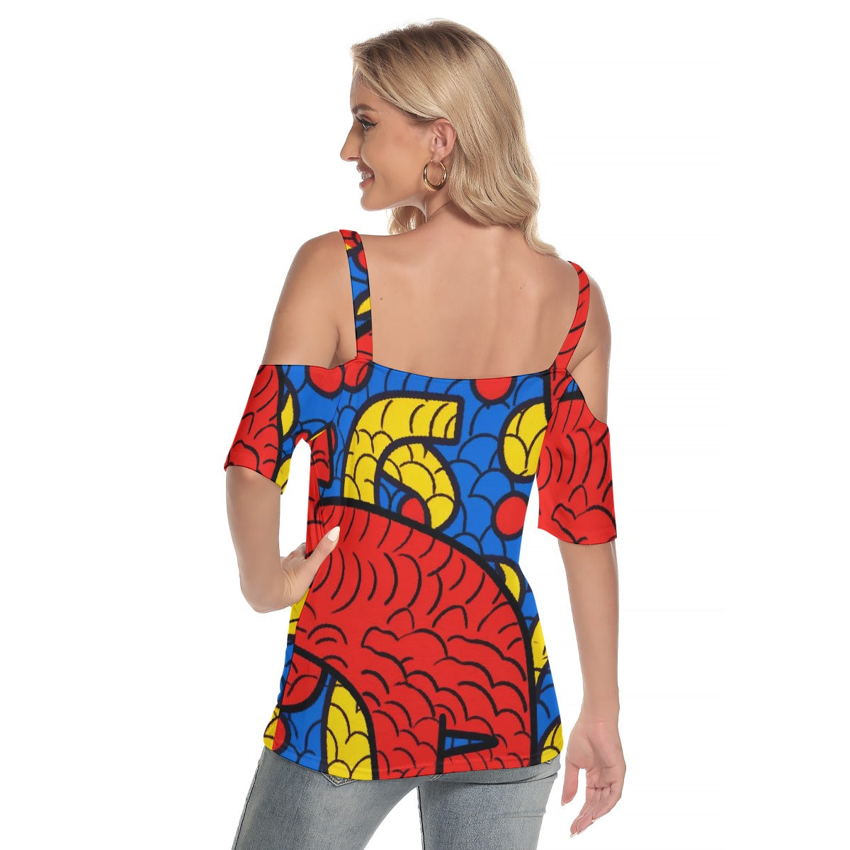 All-Over Print Women's Cold Shoulder T-shirt With Criss Cross Strips