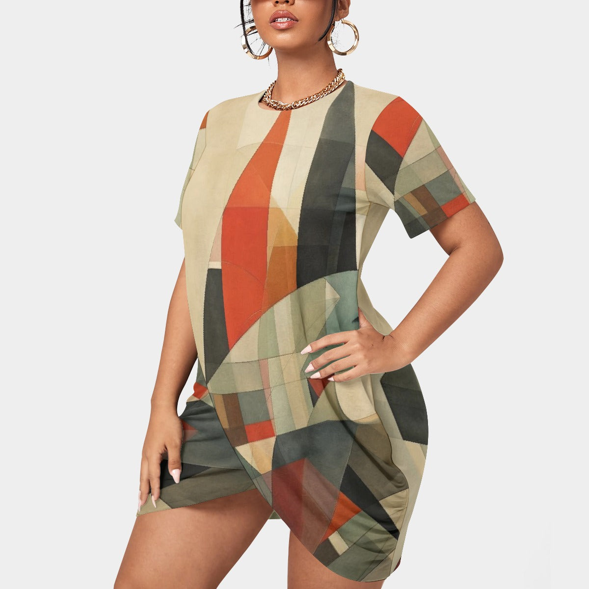 All-Over Print Women’s Stacked Hem Dress With Short Sleeve（Plus Size）