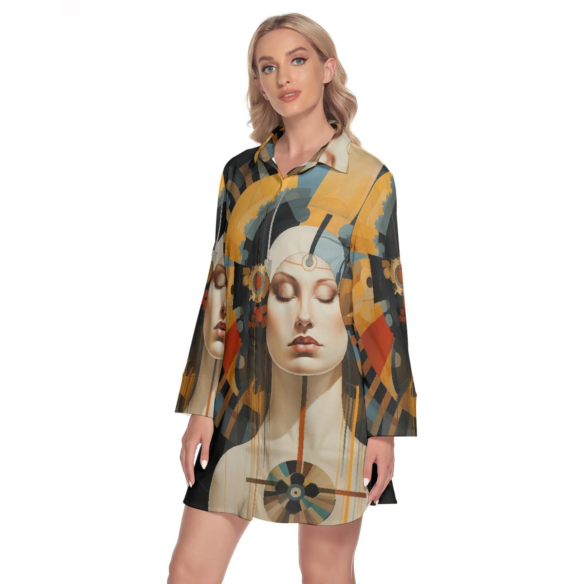 All-Over Print Women's Lapel Shirt Dress With Long Sleeve