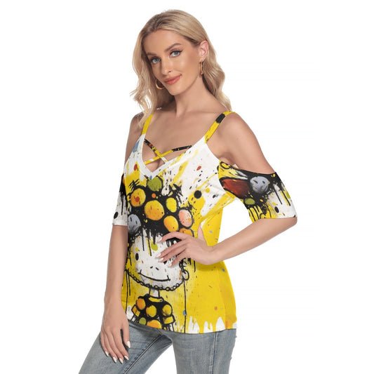 All-Over Print Women's Cold Shoulder T-shirt With Criss Cross Strips