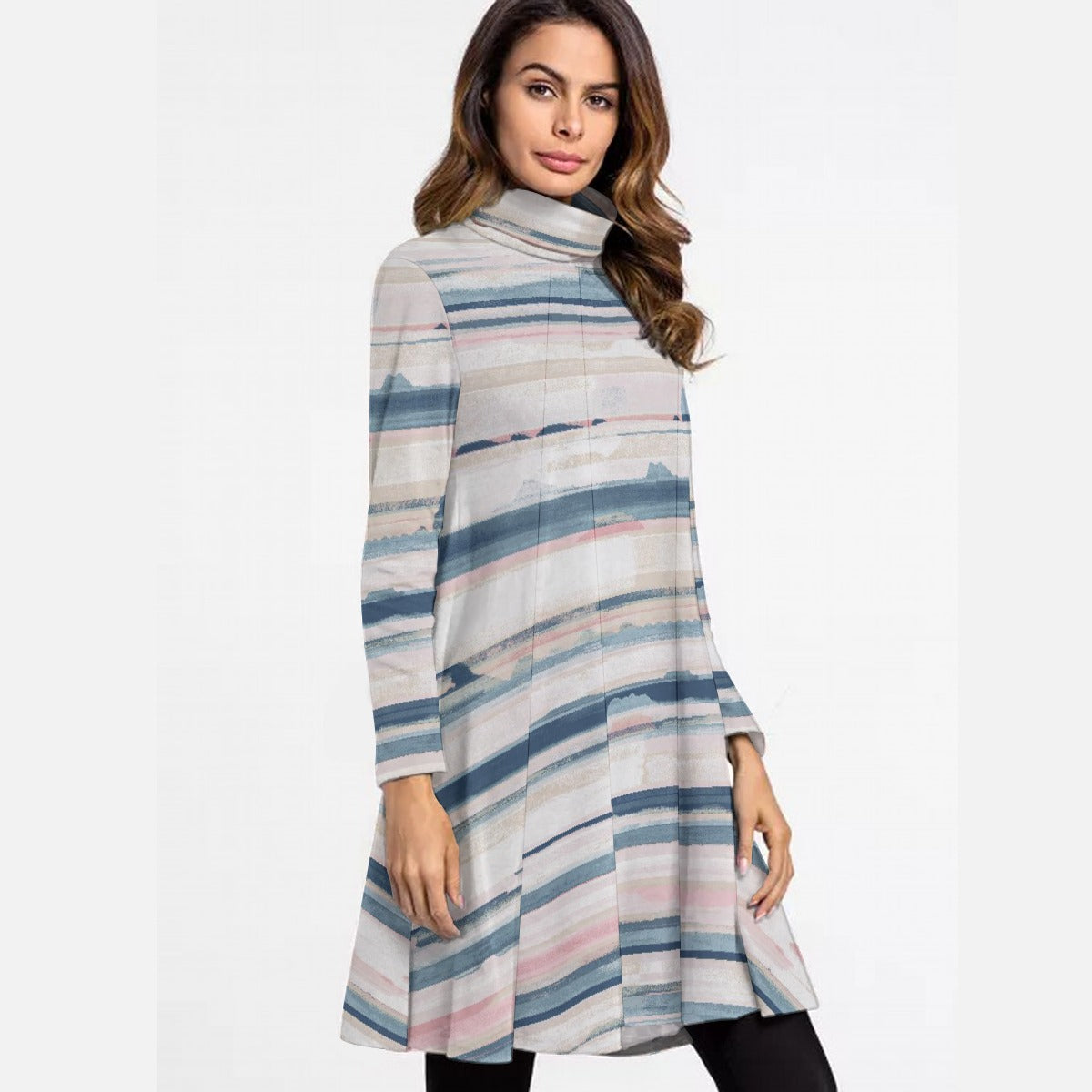 All-Over Print Women's High Neck Dress With Long Sleeve