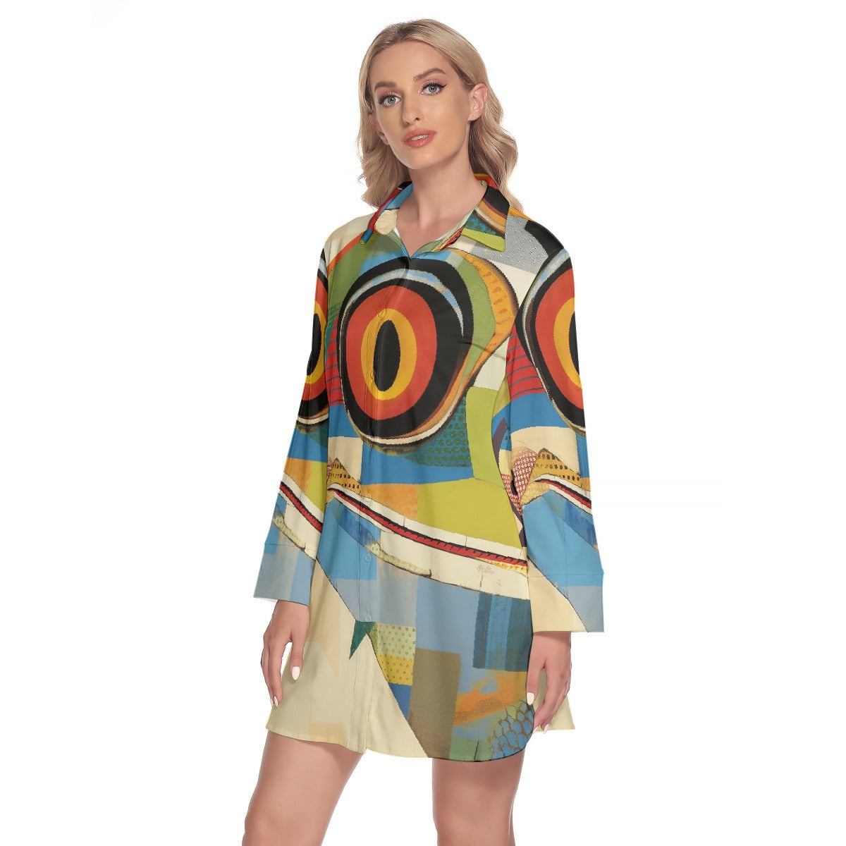 All-Over Print Women's Lapel Shirt Dress With Long Sleeve