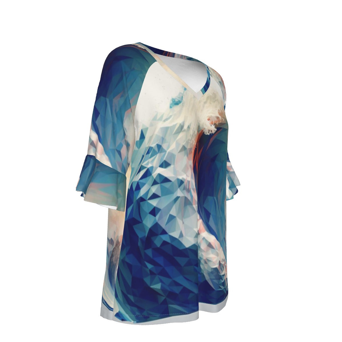 All-Over Print V-neck Women's T-shirt With Bell Sleeve