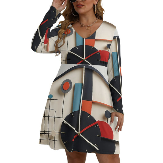 All-Over Print Women's V-neck Long Sleeve Dress(Plus Size)