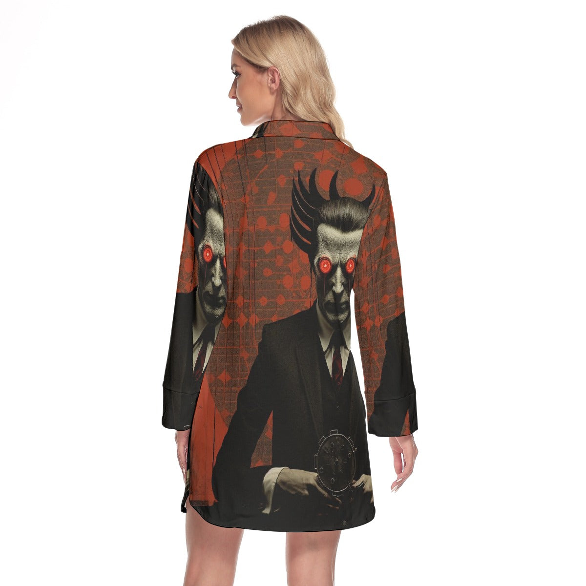 All-Over Print Women's Lapel Shirt Dress With Long Sleeve