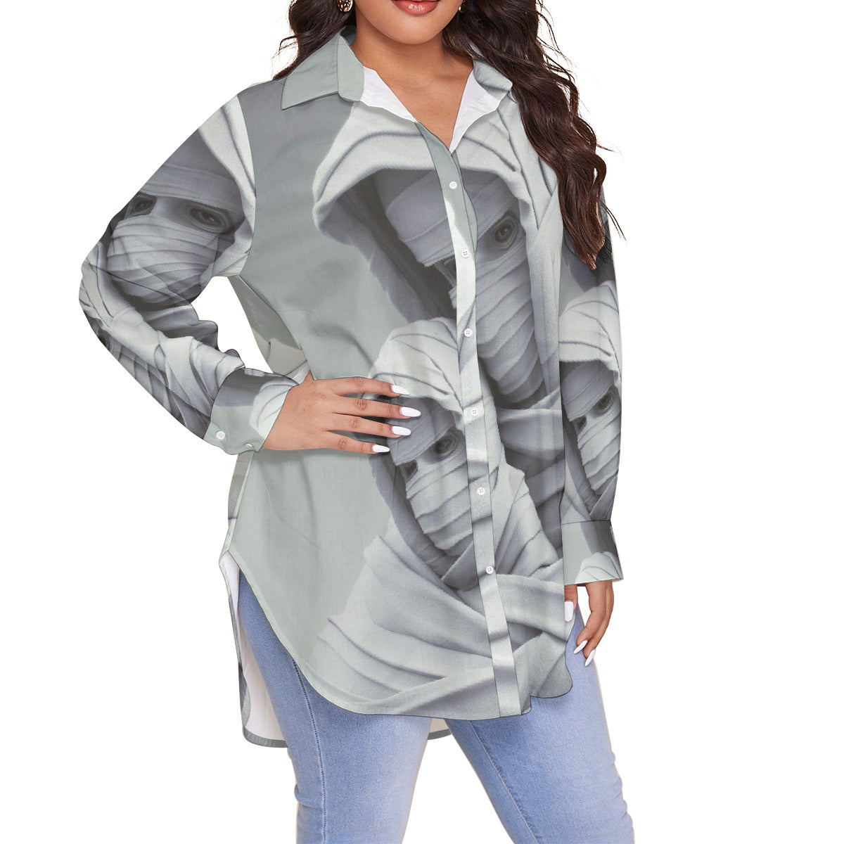 All-Over Print Women's Shirt With Long Sleeve(Plus Size)