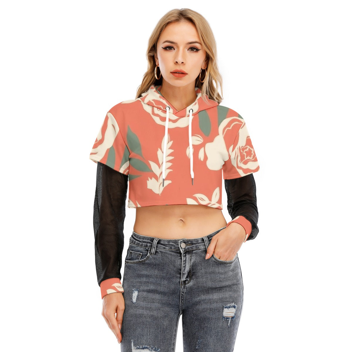 All-Over Print Women's Fake Two-piece Mesh Sleeve Cropped Hoodie