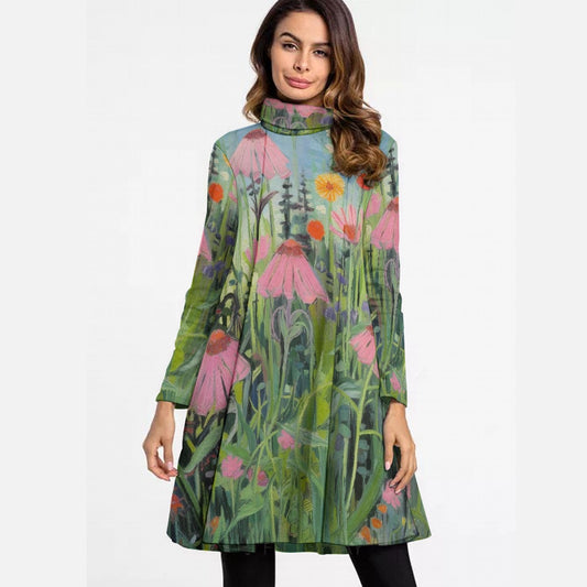 All-Over Print Women's High Neck Dress With Long Sleeve