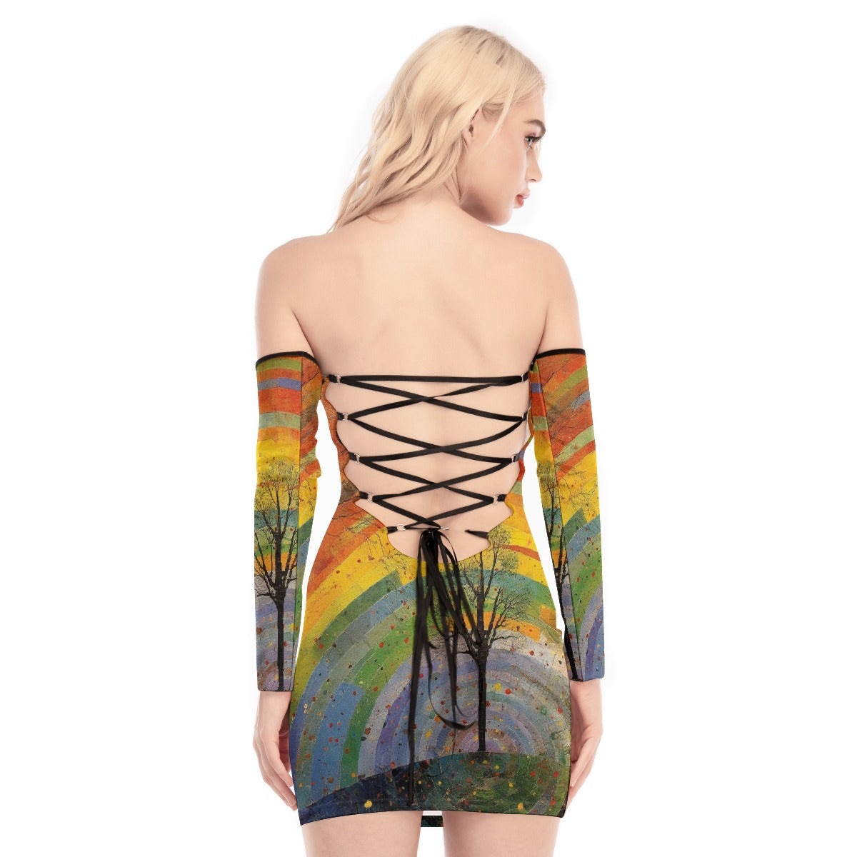 All-Over Print Women's Off-shoulder Back Lace-up Dress