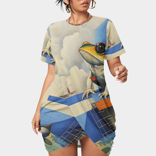 All-Over Print Women’s Stacked Hem Dress With Short Sleeve（Plus Size）