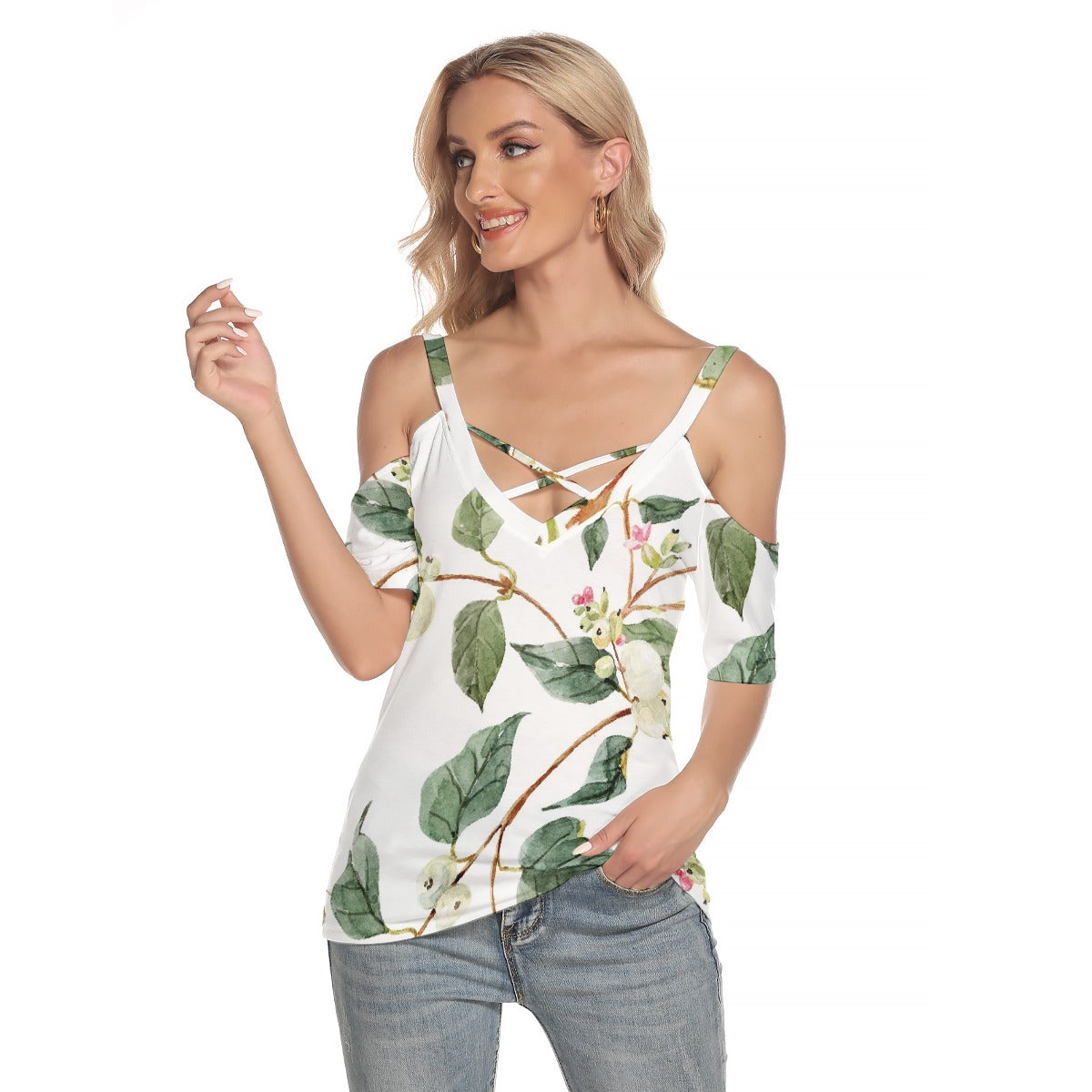 All-Over Print Women's Cold Shoulder T-shirt With Criss Cross Strips