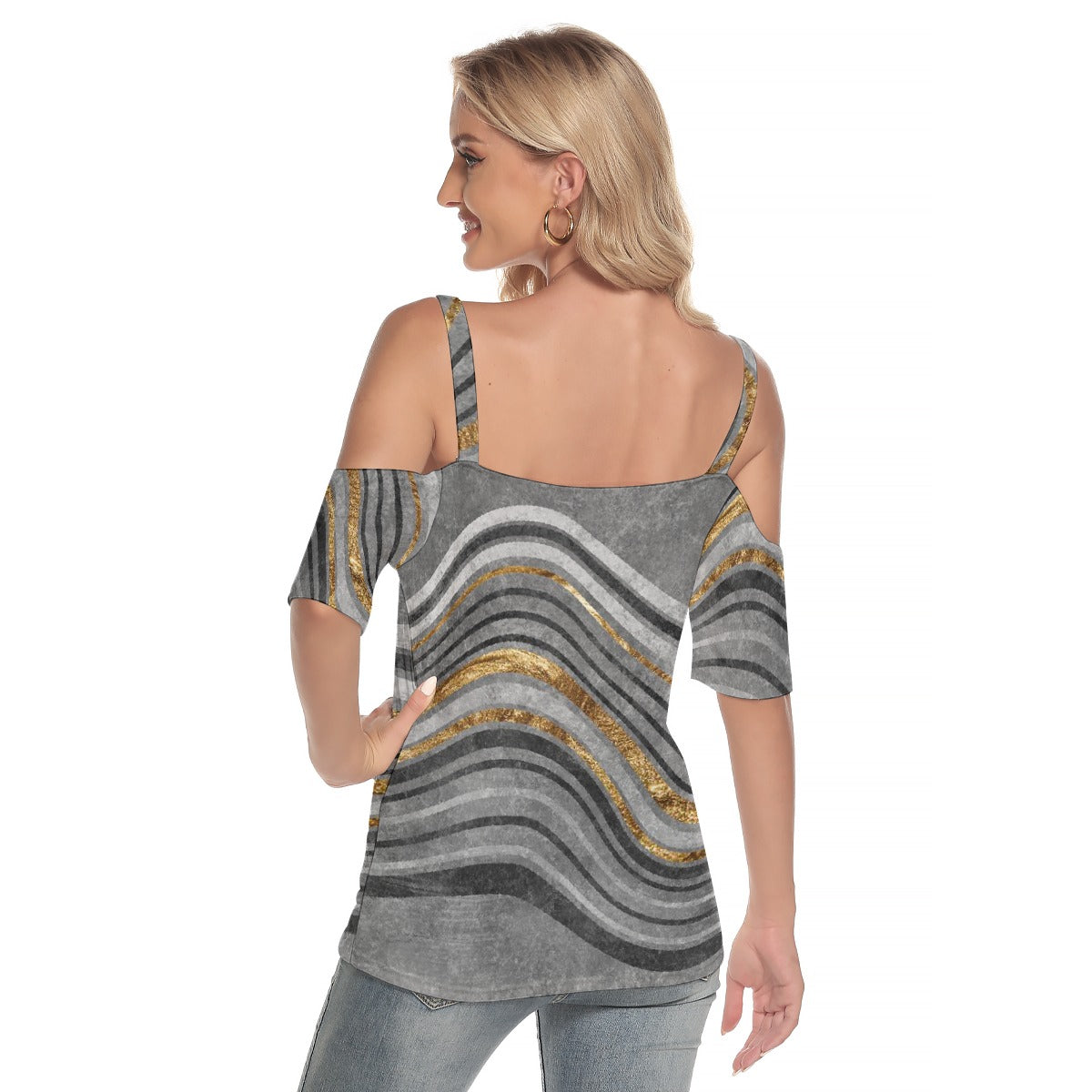 All-Over Print Women's Cold Shoulder T-shirt With Criss Cross Strips