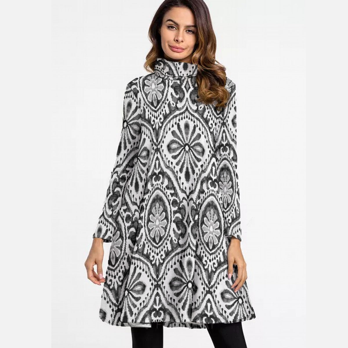 All-Over Print Women's High Neck Dress With Long Sleeve