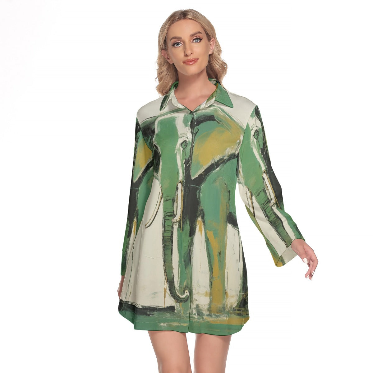 All-Over Print Women's Lapel Shirt Dress With Long Sleeve